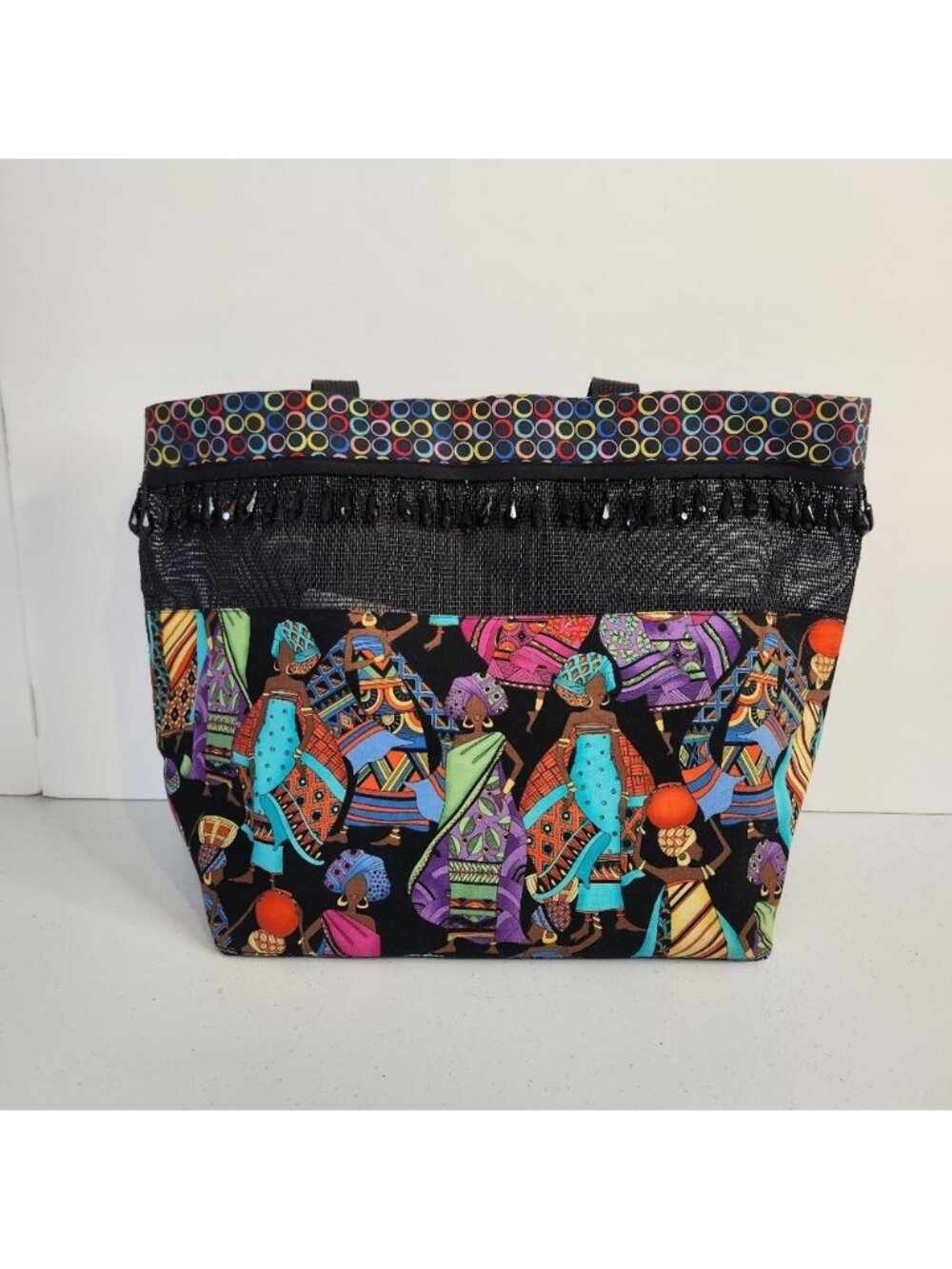 African Sunset Women Black Beaded Tote Beach Diaper Bag Purse Handmade Bright